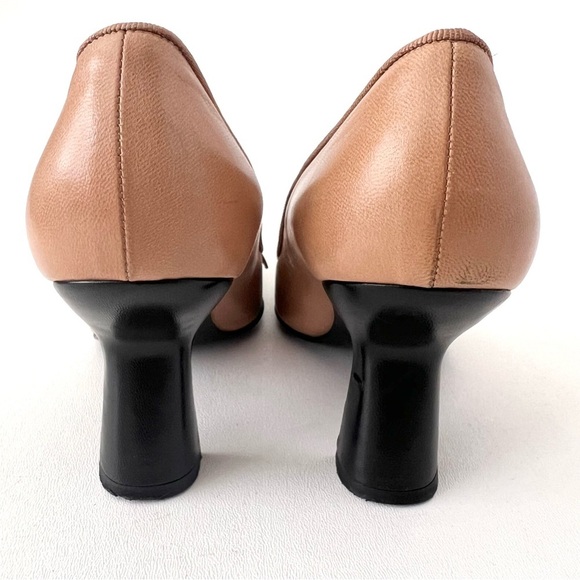 CHANEL | Vintage Beige & Black Leather Cap Toe Square Pumps Bow Logo EU 37.5 - Picture 9 of 16